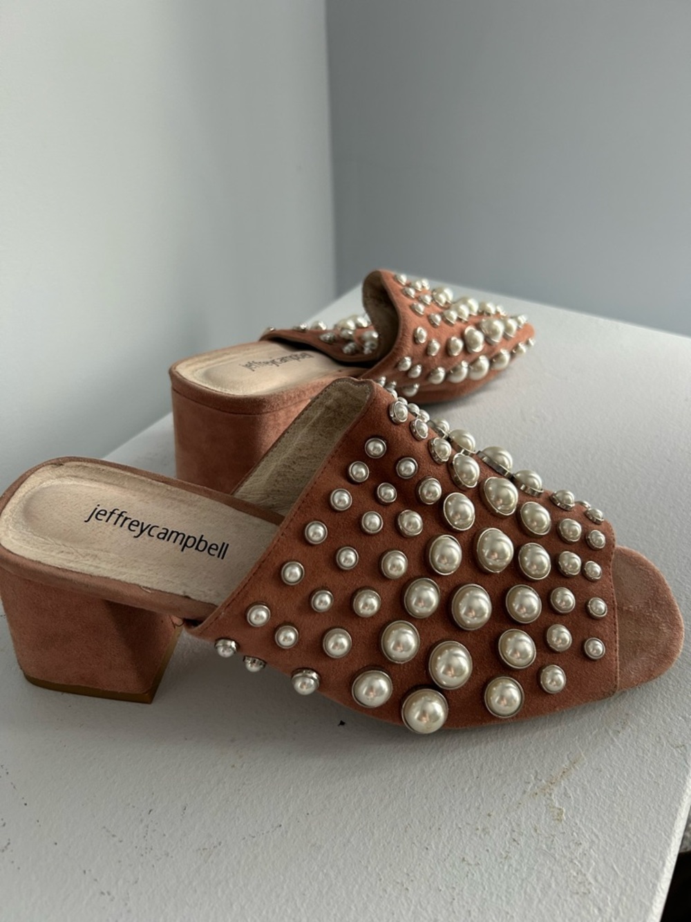 Jeffrey Campbell Rose Pink Suede Pearl-Studded Block Heel Mules